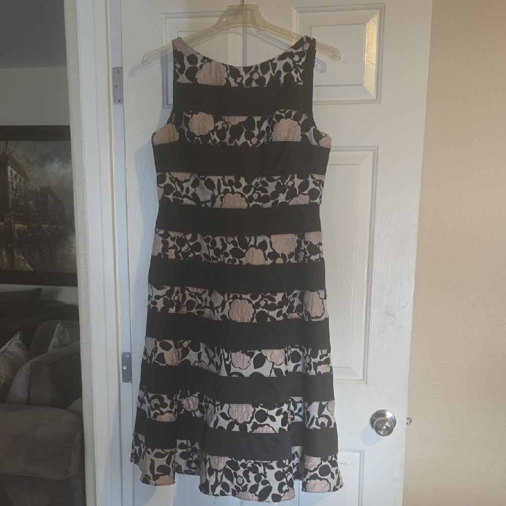 Adrianna Papell Black and Cream Striped Floral Midi Dress